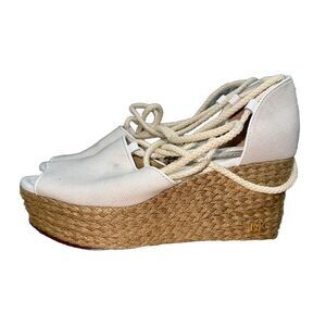 Michael Kors 7M White‎ Fabric Wedge Heel Open Toe Sandal Leg Lace-up